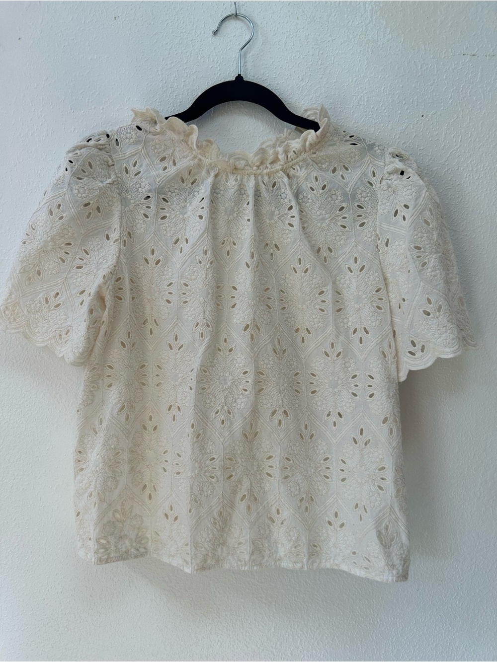 Sezane Lousiah Ecru Lace Eyelet Ruffle-Neck Blouse women’s size medium - Picture 2 of 12